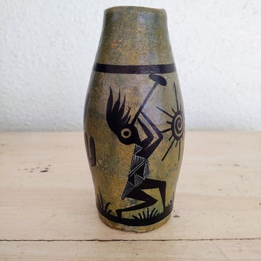 Made in Mexico Olive Green Small Vase with Cactus and Musician Art 