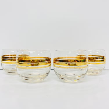 Vintage Roly Poly Gold Stripe Tumblers / Round Low Ball Glass / Barware / Mid Century Modern / FREE SHIPPING 
