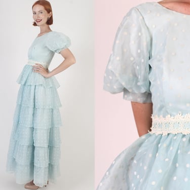 Nadine Southern Belle Prom Dress, Swiss Polka Dot Print, Vintage 70s Western Saloon Gown, Full Skirt Fairycore Dress 