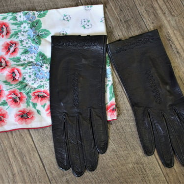 Vintage 50's Black Decorative Deerskin Leather Church Spring Gloves 