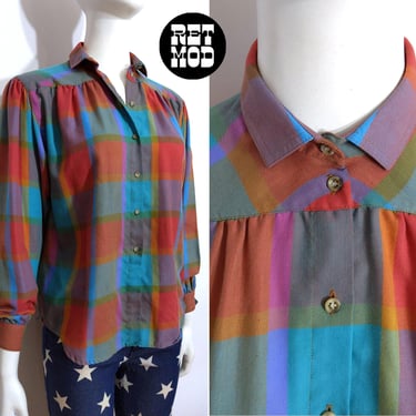 So Cute Vintage 80s Pastel Plaid Long Sleeve Button Down Blouse by Liz Claiborne 