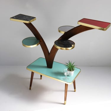 Mid-Century Modern Plant Stand, 1950s Tiered Formica Side Table with Brass Trim – Retro Decor with Six Shelves 