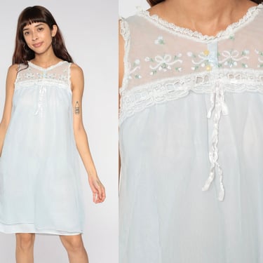 Baby Blue Nightgown 70s Lingerie Dress Embroidered Lace Bib Flowy Slip Dress Babydoll Pinup Mini Nightie Tent Trapeze 1970s Vintage Small S 