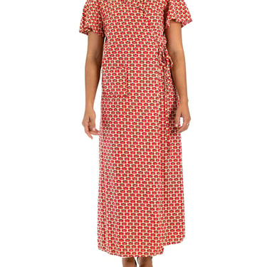 1940S Red Cotton Yellow Dot Print Wrap House Dress 