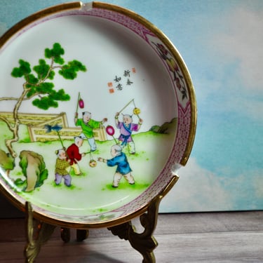Beautiful Chinese  Hand Painted Porcelain Ashtray 1950's Bright Scene Children Playing Home or Office Decor Collectible Never Used NOS 