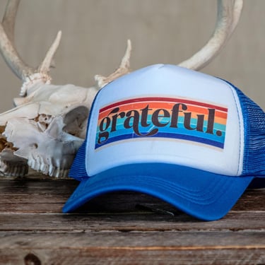 Ready to Ship | Trucker Hat | Hand Printed | Grateful | Blue Hat 