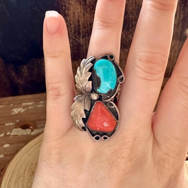 DOUBLE DECKER Silver Coral & Turquoise Ring | Vintage 70s 1970s Large Statement Ring | 60s Native American Navajo Style Jewelry | Size 4 1/4 