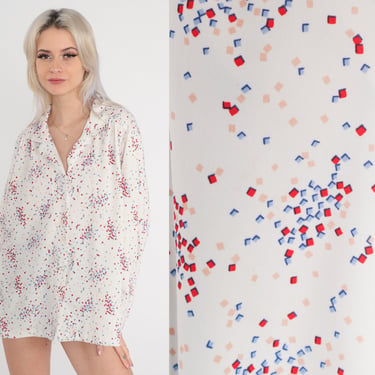 Confetti Print Blouse 70s Button up Shirt White Square Pattern Top Long Sleeve Collar Retro Seventies Red Blue Vintage 1970s Extra Large xl 
