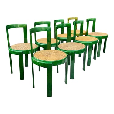 1960s Mid Century Italian Bentwood Dining Chairs With Green Stained Wood Frame and Cane Seats- Set of 4 