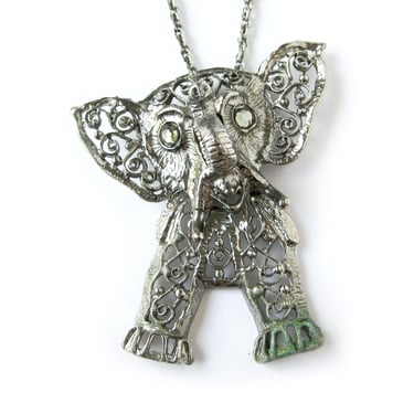 Articulated Elephant Pendant, Silver-tone Elephant with Rhinestone Eyes, Large Statement Necklace, Vintage Jewelry, Boho Chic Pendant 