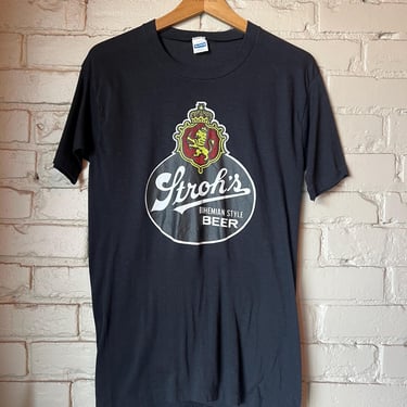 Vintage 1980s 1970s Strohs Beer Iron On T-shirt, Black, Healthknit 