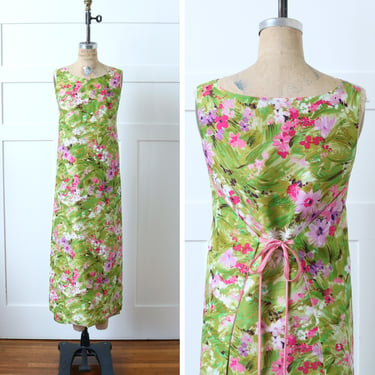 vintage 1960s pink & green floral shift dress • silky sleeveless full length wrap dress 