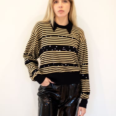 Vintage Sonia Rykiel 1980s Striped Rhinestone Sweater with Bishop Sleeves Bell XS S M Ribbed Knit Wool Yellow Black 