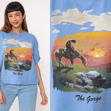 90s Native American Shirt End Of The Trail Graphic Tshirt The Gorge Horse Print 1990s Vintage Retro Tee Southwestern Blue Large L 