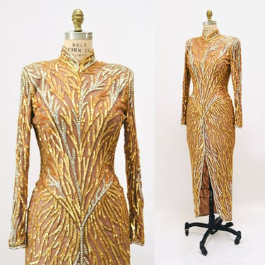 80s 90s Vintage Gold Tan Beaded Sequin Gown Dress By Bob Mackie Gold Long Sleeve Sequin Gown BoB Mackie Cher Sequin Dress XS Small 