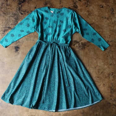 Vintage Turquoise Dress / Long Sleeve A line Skirt 80's Dress / Medium Women's Midi Dress 
