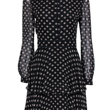 Tory Burch - Black &amp; Tan Fish Printed Ruffled Skirt Dress w/ Sheer Sleeves Sz 8