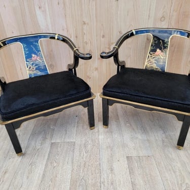 Mid Century Modern James Mont Chinoiserie Style Horseshoe Chairs Newly Upholstered - Pair