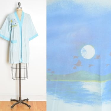 vintage 70s robe bed jacket kimono blue MOON ducks bird print nylon wrap M L clothing 