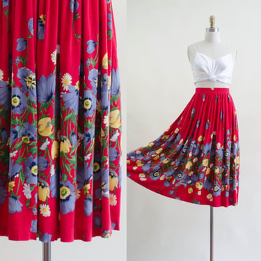 red floral midi skirt | 80s wildflower poppy border print romantic folk floral cottagecore vintage skirt 