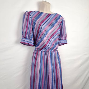 Vintage 80s Purple & Blue Stripe Dress, Plus Size 