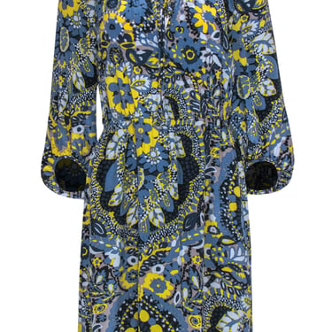 Trina Turk - Dusty Blue & Yellow Floral Puff Sleeve Peasant-Style Dress Sz 4