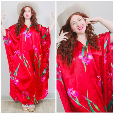 1990s Vintage Winlar Red Floral Print Caftan / 90s / Silky Cover Up Orchid Print Maxi Dress / One Size 