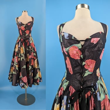 Vintage 80s Karen Alexander Black Tulip Print Fit and Flare Dress with Corset Top - Small / Medium Eighties Polished Cotton Full Skirt Dress 