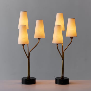 Pair of Jean Royère Style Brass Lamps with Pedestal Base 