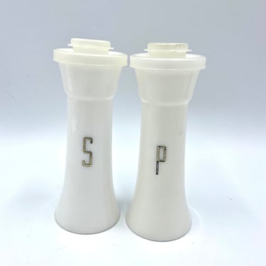 Vintage Tupperware White Salt and Pepper Shakers, Tall Hourglass, Flip Top Lid, Silver Decals, Retro Shaker, Camping, Picnicware 