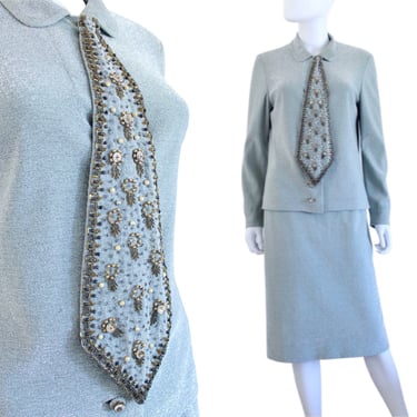 1960s Pale Ice Blue Lurex Skirt Set with Beaded Necktie - 1960s Lurex Suit Set - 1960s Blue Lurex Skirt - Vintage Lurex Outfit | Size Medium 