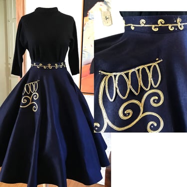 Classic Vintage 1950's Circle Skirt with Gold Appliqué and Rhinestones Rock and Roll Swing Skirt Size Medium/ Small 