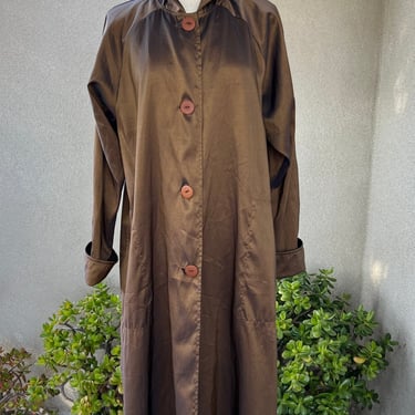 Vintage raincoat long coat duster shiny brown bronze  pockets Sz M/L by Maralyce Ferree of Maine 