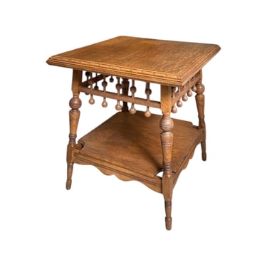 Free shipping within continental US - Victorian Aesthetic Movement Eastlake Style Oak Two Tier Parlor Table Stick and Ball Apron 