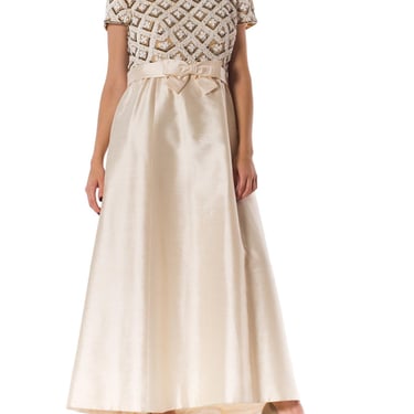 1960S Ivory Beaded Silk Radzimir Cap Sleeve Couture Detailed Gown With Slight Empire Waistline & Waist Bow 
