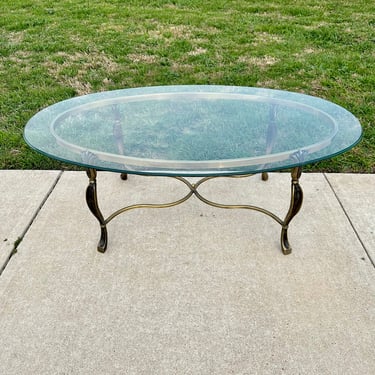 Vintage La Barge Style Brass & Glass Oval Coffee Table 