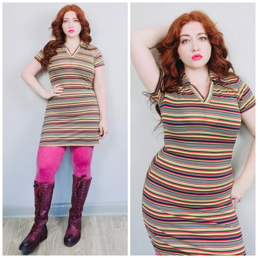 1990s Vintage Express Tricot Rainbow Striped Mini Dress. 90s does 70s Polo Knit Wiggle Dress / Size Small - Medium 