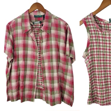 Vintage Button Up Shirt Tank Top Set Sz XL Plaid Red Green Shirred Stretch 