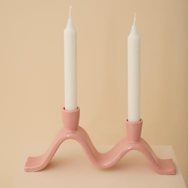 Pink, wavy ceramic candelabra - handmade candle holder for two dinner candles 