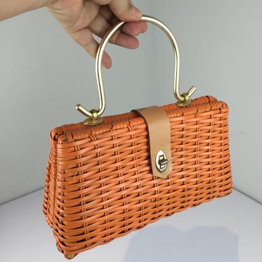 Basket Bazaar - Vintage 1950s 1960s Sumo Orange Vinyl Wicker Straw Handbag Purse 