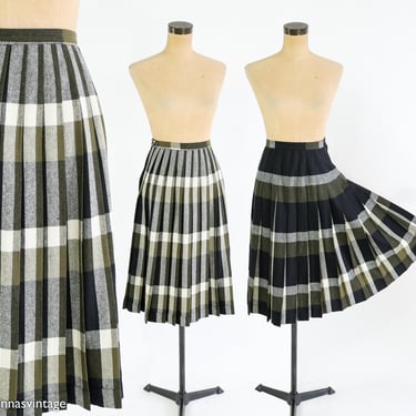 1950s Green Plaid Reversible Skirt | 50s Olive Green & Black Pleated Skirt | Reversible Skirt | Loretta by Milliken | Small 