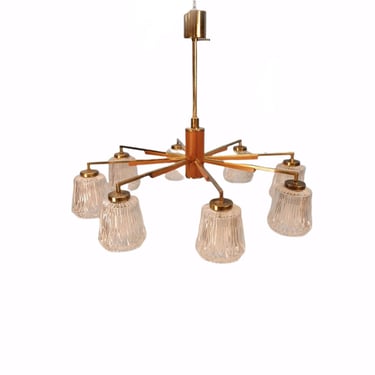 Mid Century pendant Lamp teak - Eight Flame - Chandelier Richard Vinegar, 1960s 