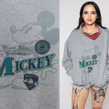 Mickey Mouse Sweatshirt -- 90s Disney Sweater Mickey Disneyland Grey Funnel Neck Kawaii Shirt Cartoon Crewneck Vintage Oversized SMall S 