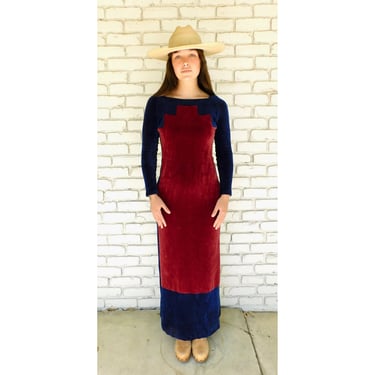 Velour Color Block Dress // vintage boho hippie maxi fitted formal cocktail hippy 70s // XS/S 
