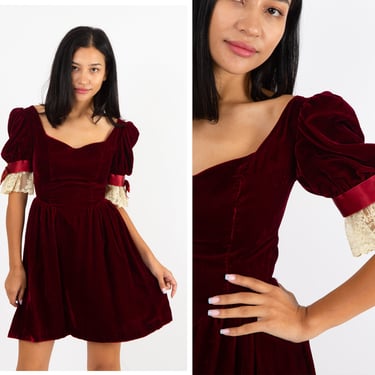 Vintage 1970s 70s Crimson Red Velvet Babydoll Mini Dress w/ Sweetheart Neckline, Ribbon Bows Lace Detail // Romantic Holiday Dress 