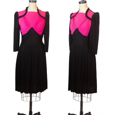1940s Dress ~ Hot Pink and Black Rayon New York Creation Designer Dress 