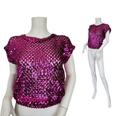 1970's Raspberry Pink Sequin Knit Stretch Top I Blouse I Shirt I Sz Med I Toppettes 