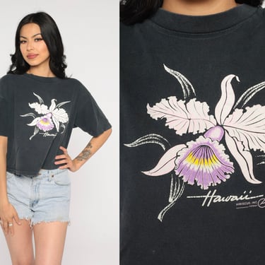 Hawaii T Shirt 90s Tropical Orchid Flower Print T-Shirt Cropped Graphic Tee Surf Retro Crop Top Hawaiian Vintage 1990s Small Medium Large 