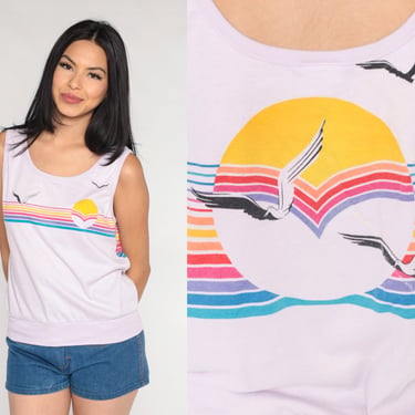 Rainbow Seagull Shirt 80s Striped Tank Top 80s Baby Pink Slouchy NAUTICAL Shirt Sleeveless Top Graphic Bird 1980s Retro Vintage Medium 