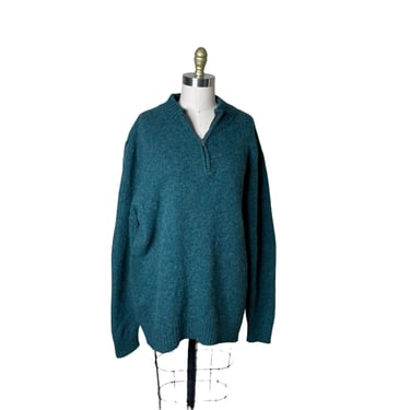 LL Bean Mens Lambs Wool Quarter Zip Green Cardigan Elbow patches Sweater size xxl 